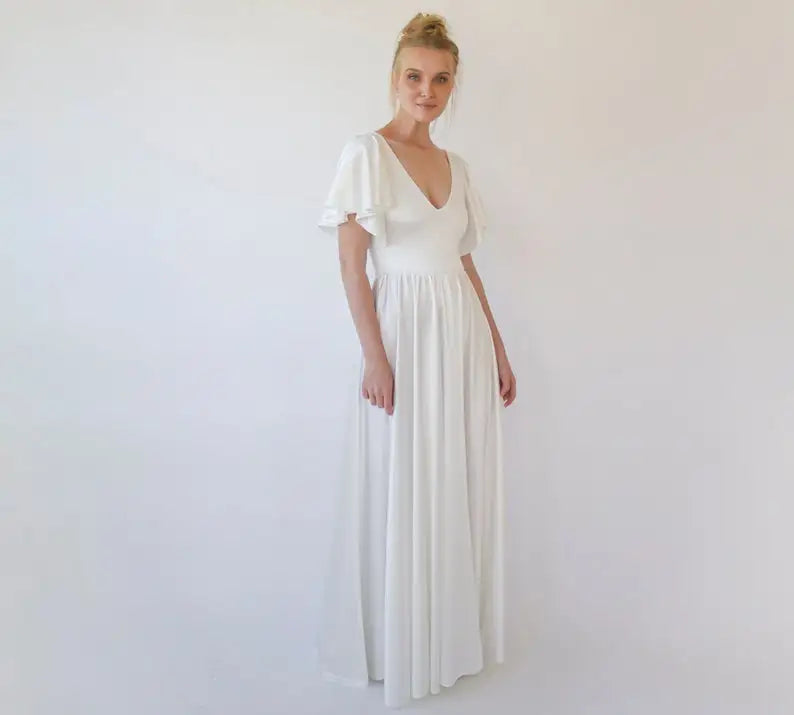 Chiffon Dresses For Prom Dress In Pristine Floor-length Short Sleeves White V-neckline And Sweeping A-line Skirt Zip-up Back