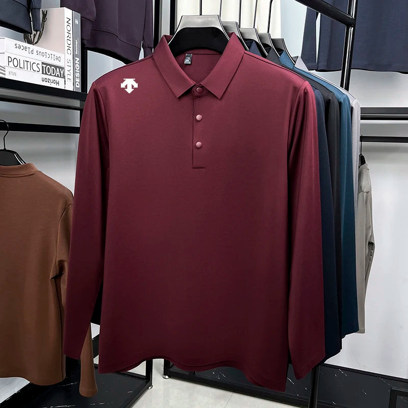 Luxury Quality Men's Polo Shirt No Trace Simple Solid Color Geometric Print Long Sleeve Autumn Lapel T-Shirt Business Menswear