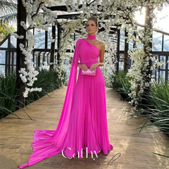 Cathy Fuchsia One Cape Sleeve Vestidos De Noche Pleated Fabric Prom Dress