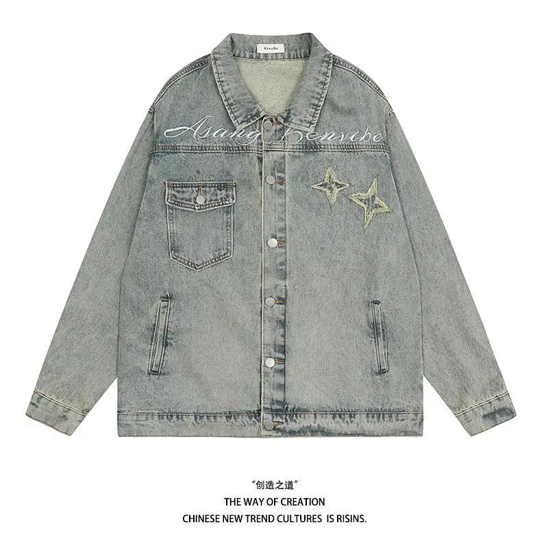 American High Street Letter XINGX Paste Cloth Embroidery Denim Coat Male  Jacket