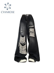 Women's Gothic Black Jeans High Waist Vintage Korean Fashion Streetwear Ripped Pants