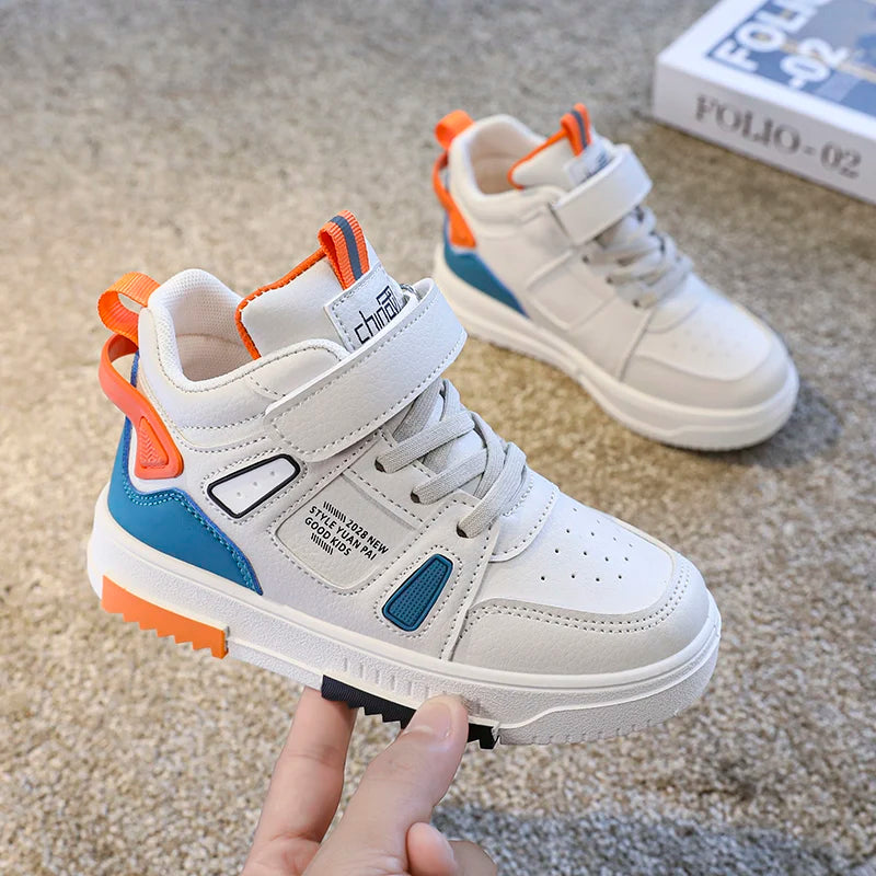 Fashion Kids Sneakers Casual Shoes Boys High Top Leather Waterproof Board Shoe