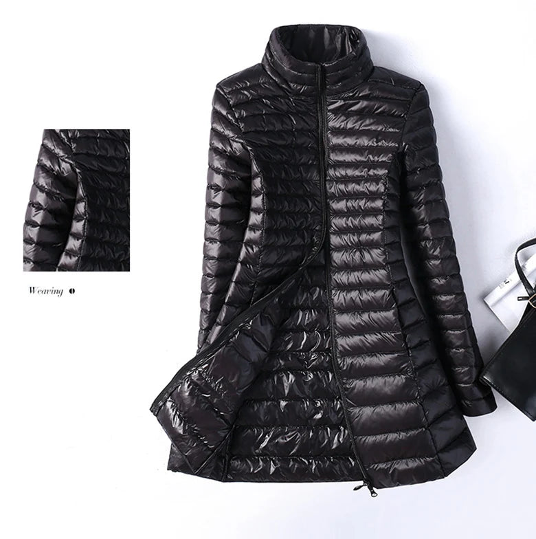 Women Down Jackets Ultra Light Duck Down Coat Long Puffer Jacket Slim Black