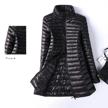 Women Down Jackets Ultra Light Duck Down Coat Long Puffer Jacket Slim Black