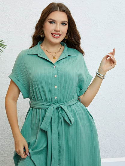 Turndown Collar Button Belt Female Midi Oversized Dresses Urban Casual Short Sleeve Summer Dress For Women Plus Size Clothing