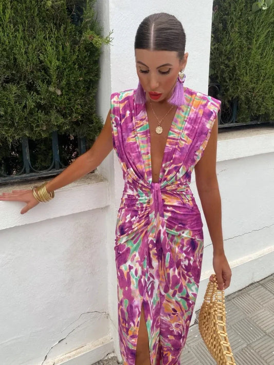 Formal attire Dresses: Printed Maxi Dress Chic Deep V Neck Sleeveless