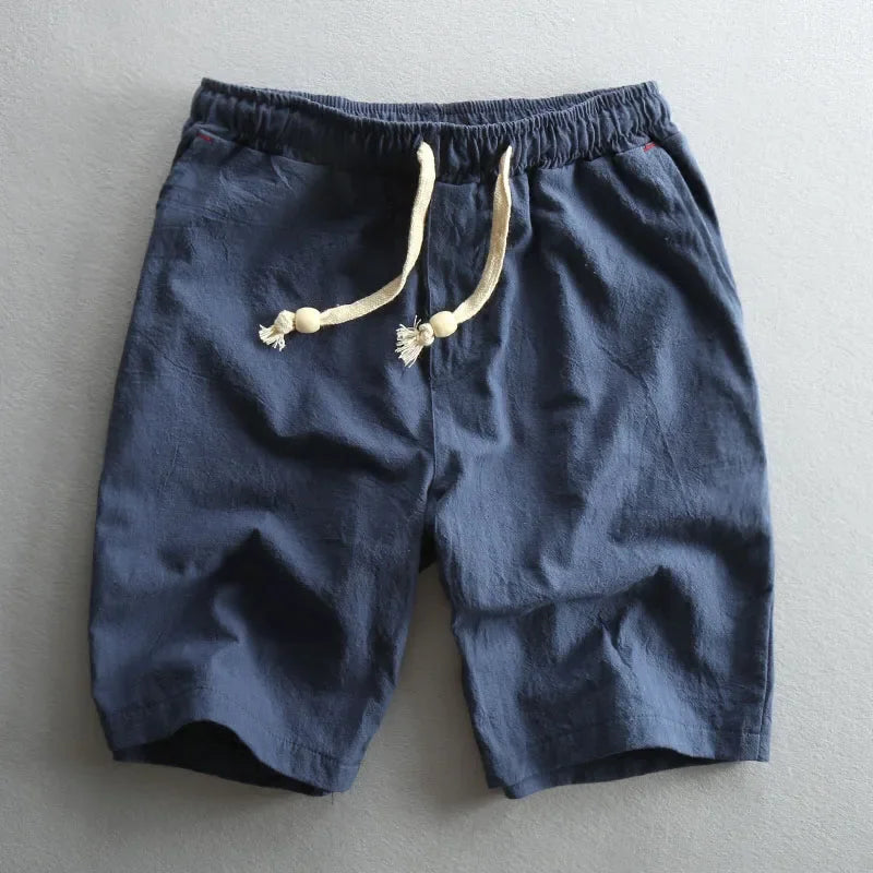 Schinteon Summer Men Casual Cotton Linen Shorts Knee Length Beach Elastic Waist Shorts Solid Color Comfortable Pants New