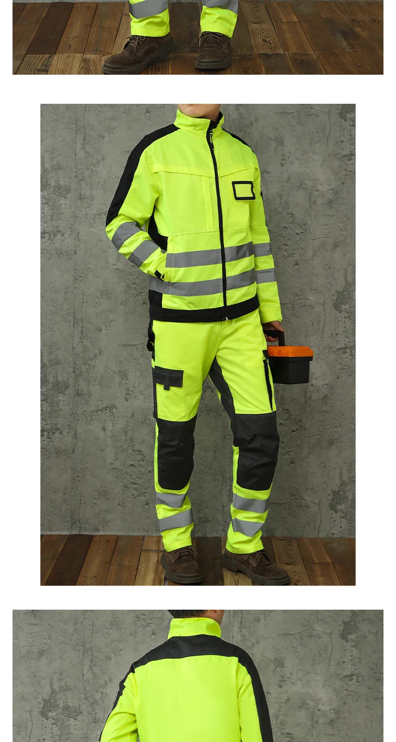 Men's Workwear Suit Work Suit Fluorescent Yellow Work Jacket and Pants Set with Multi Pockets Work Wear