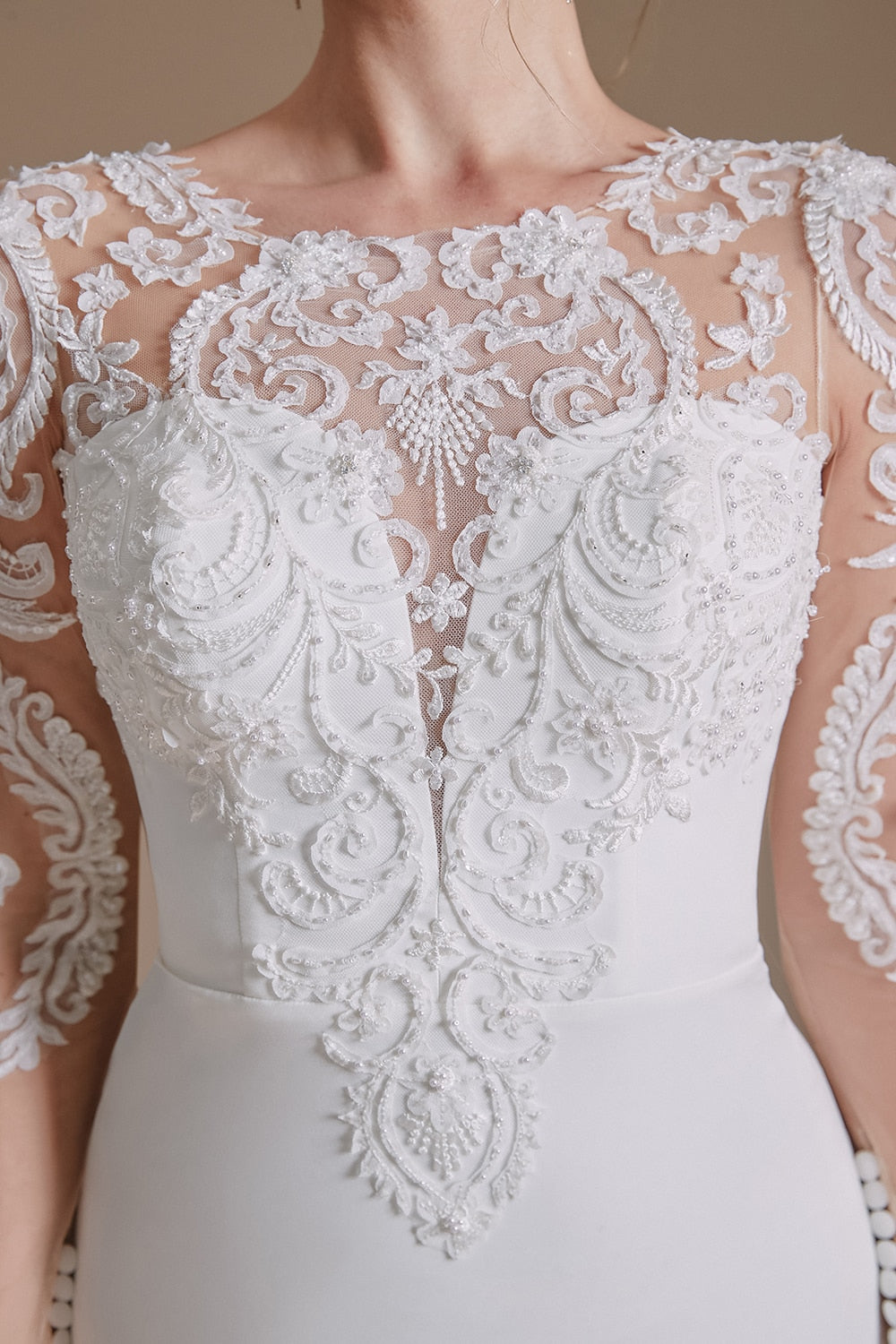 White Bridesmaid Dresses: Wedding Dress long Sleeves Mermaid Lace Appliques Beaded
