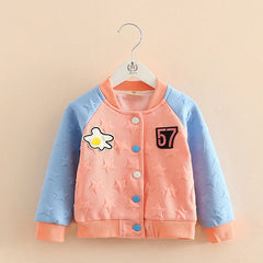 Embroidery Mandarin Collar Color Patchwork Cartoon Zipper Jacket For Baby Kids Girls