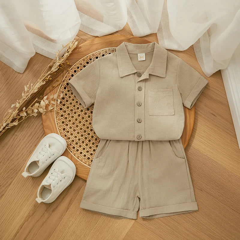 Fashion New Summer Toddler Boy Clothes Set Kids Cotton Linen Outfits Solid Color Short Sleeve Button Down Shirt Tops Shorts Suit