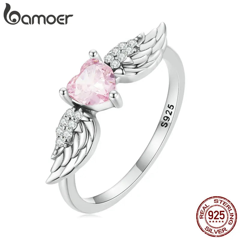 BAMOER 925 Sterling Silver Angel Wing Ring for Women Retro Feather Pink Heart Zircon Eternity Band Ring Anniversary Jewelry Gift