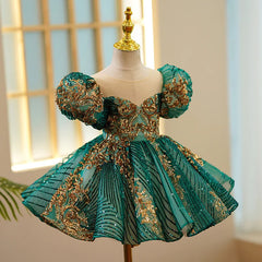 Kids Luxury Party Green Gold Dresses for Girls Size 1 - 12 Years Birthday Photo Shoot