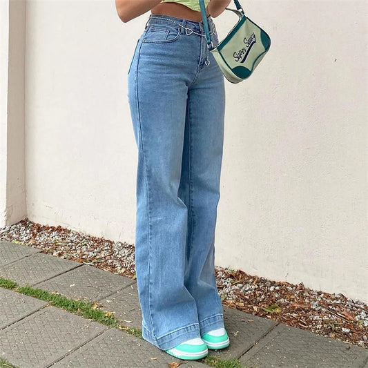 2023 Women High Waist Retro Jeans Lady Y2K Light Blue Baggy Goth Denim Pants