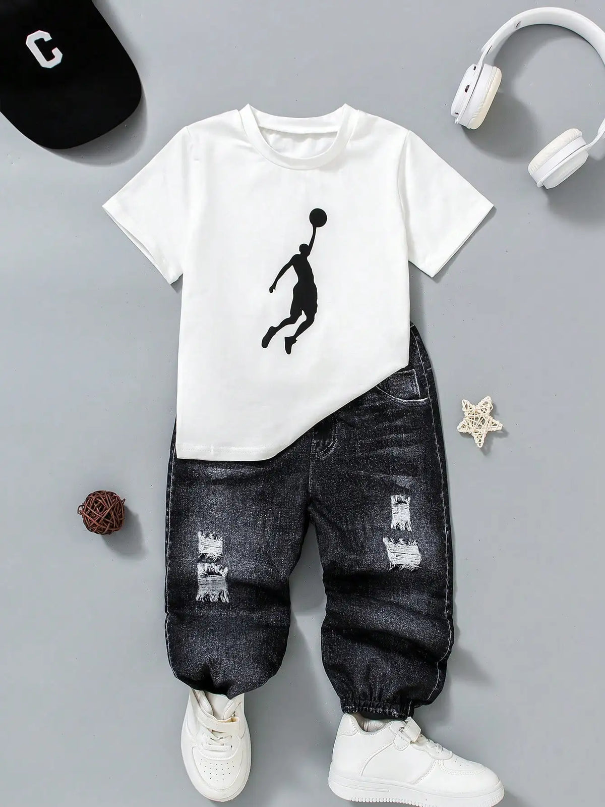 Boys Basketball Graphic Knit Pants Set, Street-Casual Style. Urban Outfit for Ages4-7, Spring-Summer