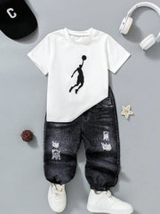 Boys Basketball Graphic Knit Pants Set, Street-Casual Style. Urban Outfit for Ages4-7, Spring-Summer