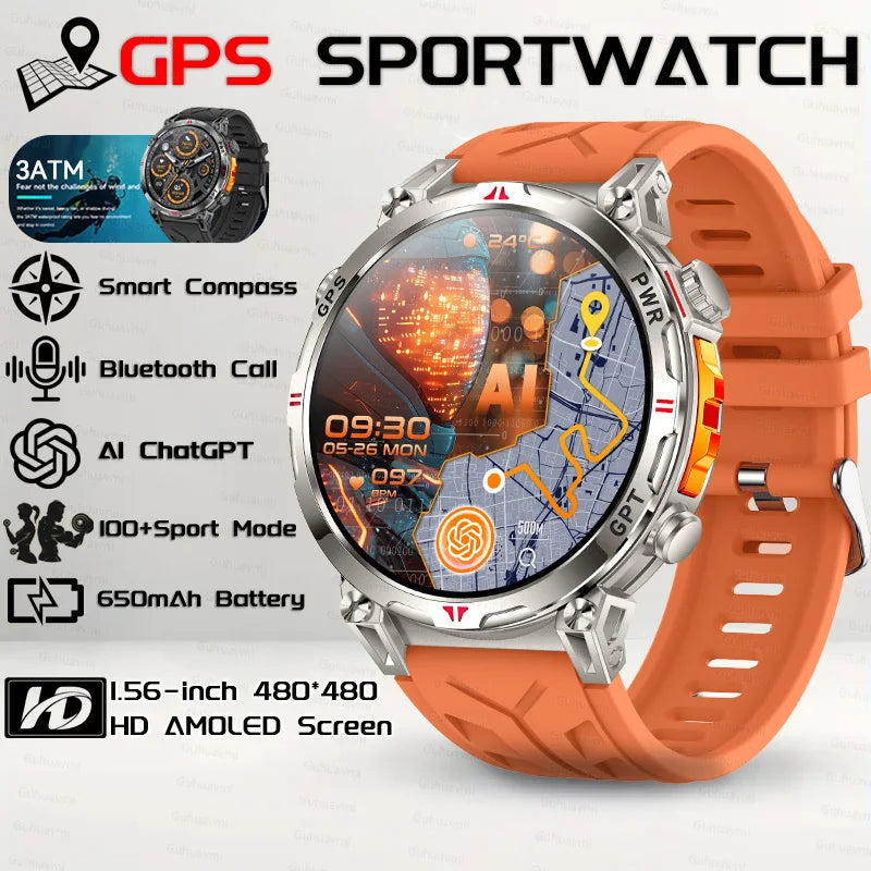 2025New Military GPS Sport Smartwatch Men 650mAh AMOLED Screen Compass Altimeter 10ATM Waterproof Heart Rate Wireless Call Clock