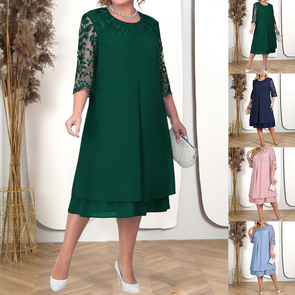 Plus Size Women's Elegant Solid Lace Chiffon Half Sleeve Midi Dress Ladies Party Cocktail Ball Gown Size XL-4XL