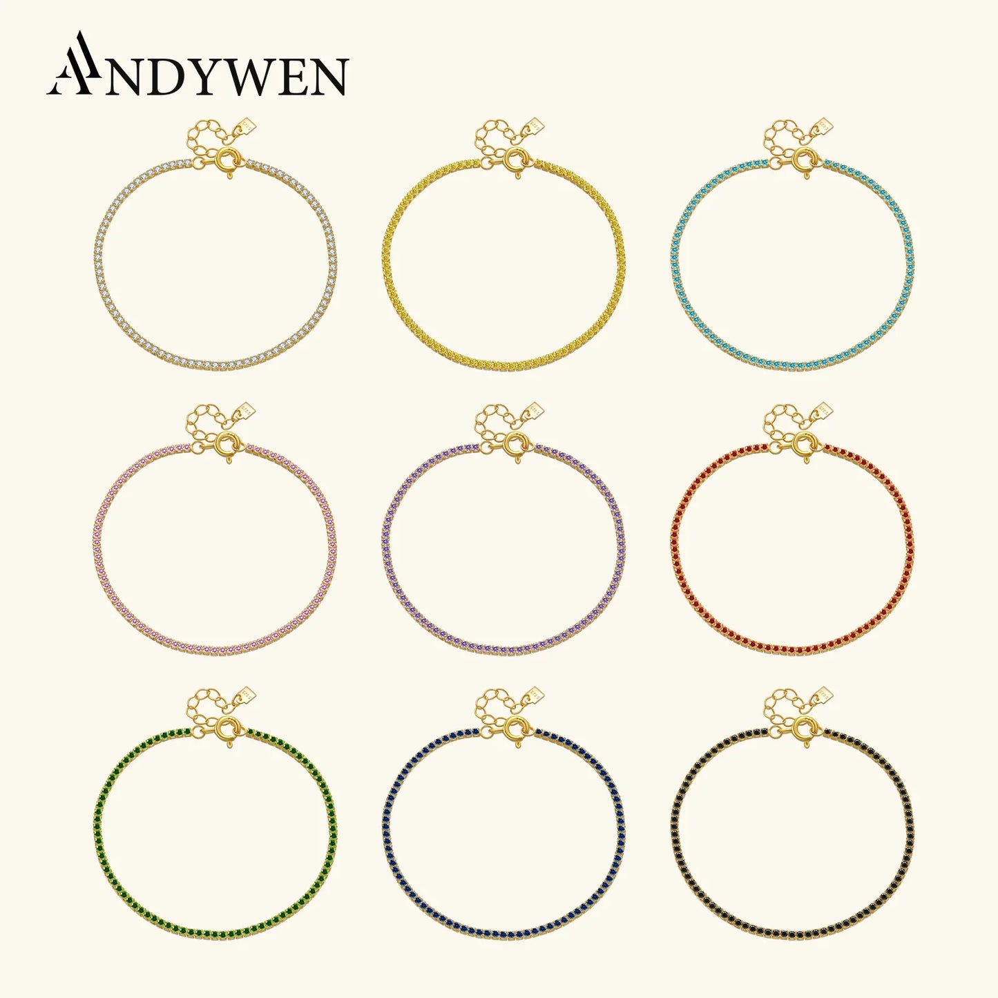 ANDYWEN 925 Sterling Silver Rainbow 1.5mm Tennis Chain Bracelet Luxury CZ Fine Jewelry Wedding Gift Soft Solid Jewelry Gift