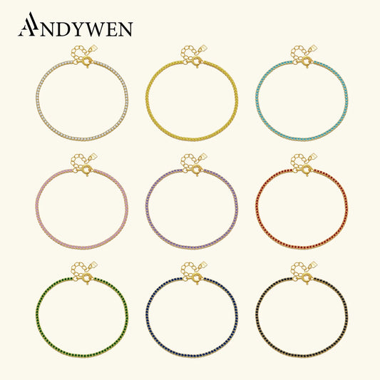 ANDYWEN 925 Sterling Silver Rainbow 1.5mm Tennis Chain Bracelet Luxury CZ Fine Jewelry Wedding Gift Soft Solid Jewelry Gift