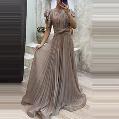 Women Maxi Dress Elegant Lady O Neck Short Ruffled Sleeve A Line Dress