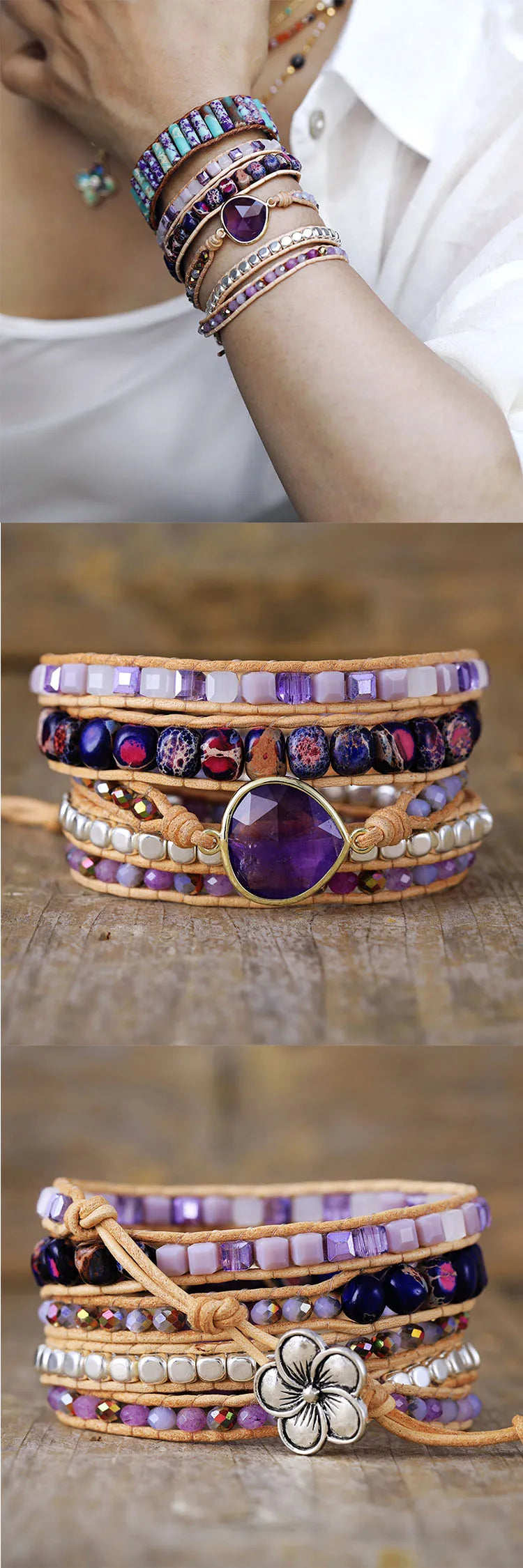 Boho-chic Teardrop Center Stone Bling Crystal Wristband Vegan 5 Strand Wrap Bracelet Girls Spiritual Jewelry