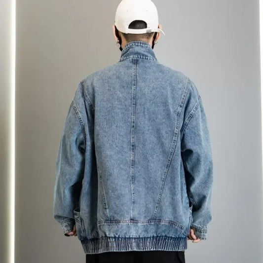 Denim coat men's spring and autumn new loose design sense of standing collar cargo jacket