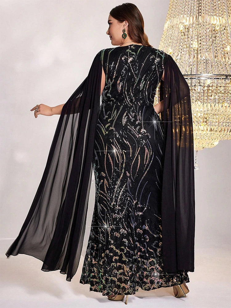 TOLEEN Women Plus Size Maxi Dresses Queen Aura Sequin High-Waisted Plus-Size Party ress Luxury Cape sleeves Elegant Dress