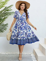 Plus Size Women Flower Print V-Neck A-Line Dresses Elegant Ruffle Short Sleeves