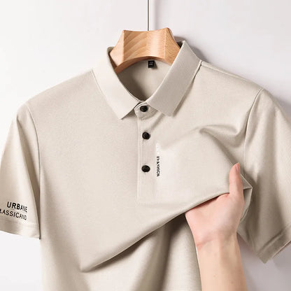 New Men's Business Casual Short Sleeved Shirt with Badge Solid Color Polo Shirt Fashionable Breathable Comfortable Versatile Top