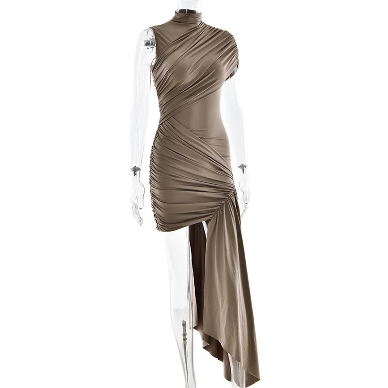 Balitops Summer Draped Ruched Sexy Mini Dress Women 2025 New Irregular High Waist Slim Fit Dress Female Elegant Club Tank Dress