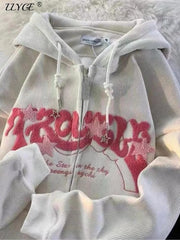 Embroidered Letter Hoodies Women Loose Long Sleeve Zip Up Hooded Sweatshirts Coats