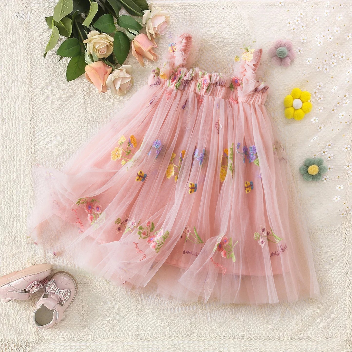Summer Girls Birthday Dresses Pink Tulle Formal Event Costumes Girls First Communion Dresses Kids Dresses