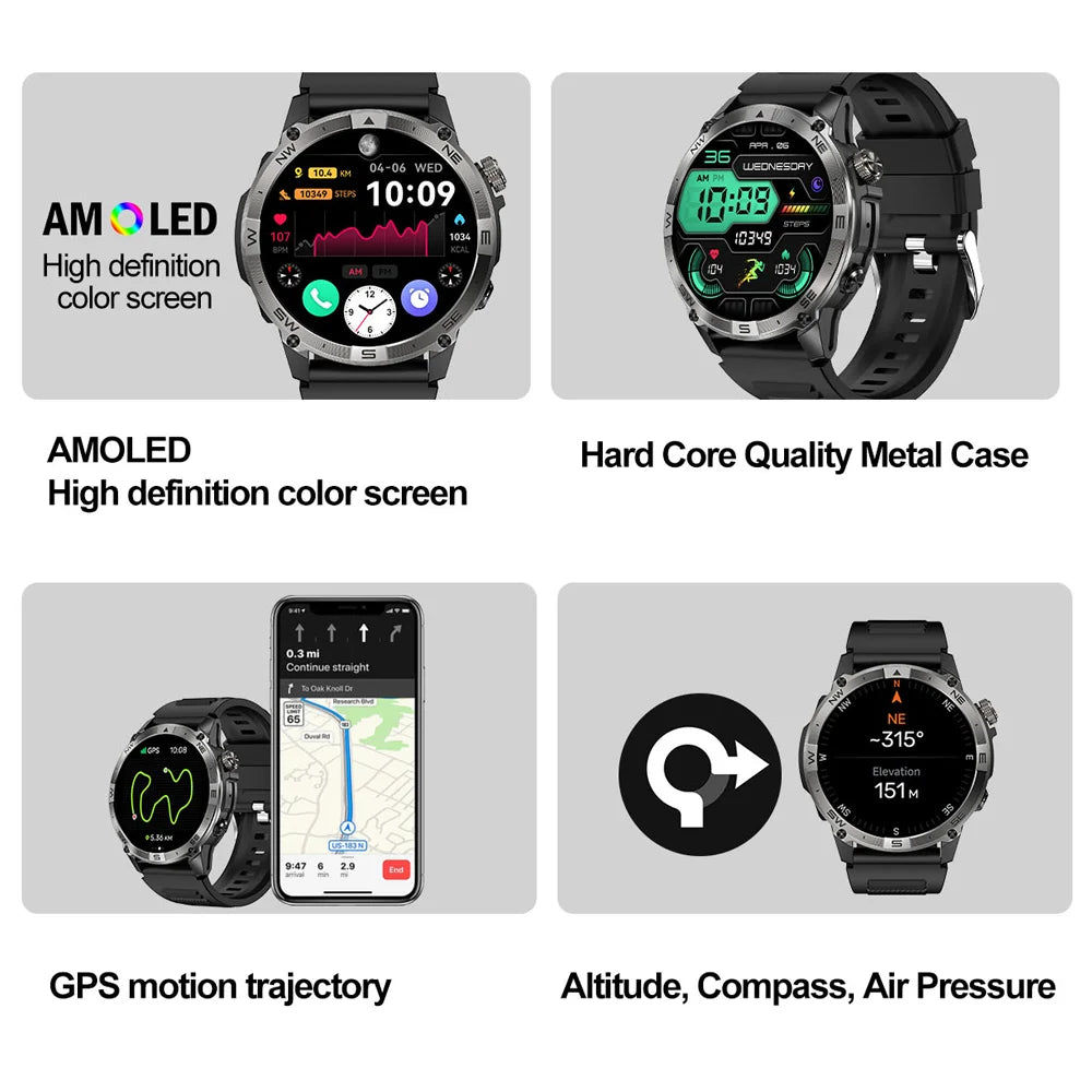 NORTH EDGE GPS Sports Smart Watch 1.43'' Amoled Display AOD Mens Watch Bluetooth Call Altitude Barometer Compass IP68 Waterproof