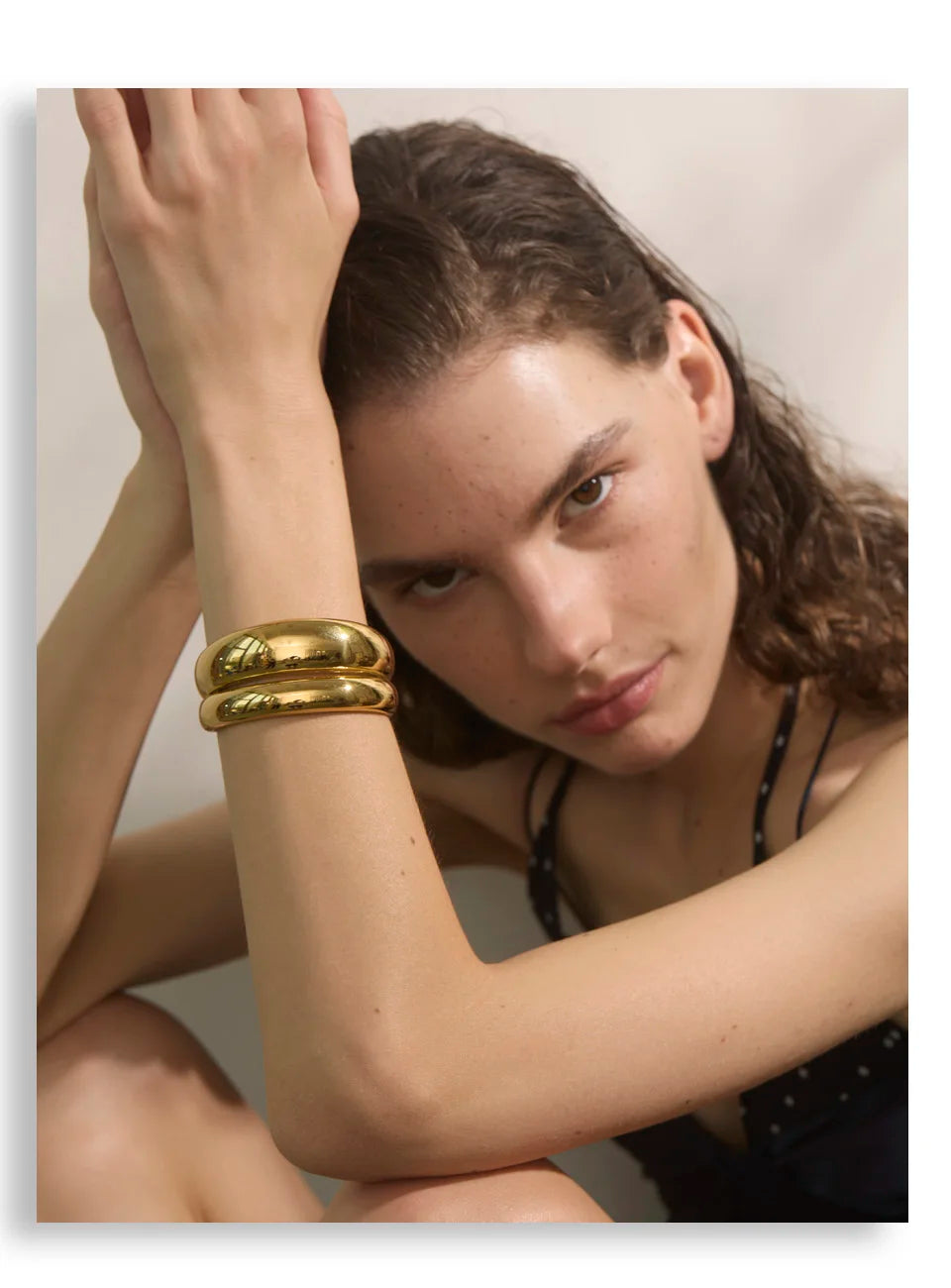 Yhpup 18K Golden PVD Plated Stainless Steel Double Layer Cuff Statement Bracelet Bangle Smooth Metal Texture Attractive Jewelry