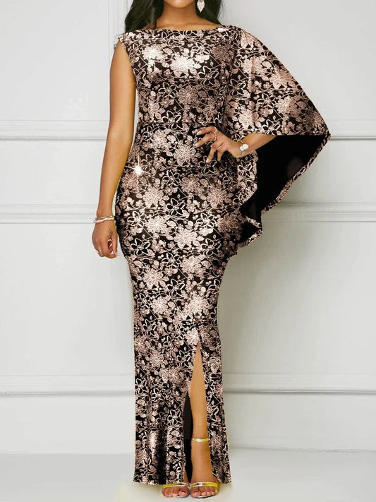 Evening wear Dresses: Women Fishtail Gold Cape Cloak Package Hip Elastic
