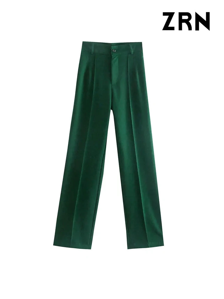 Women Chic Fashion Office Wear Straight Pants Vintage High Waist Zipper Fly Trousers