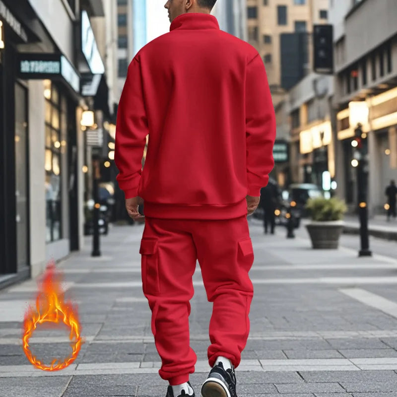 2024 autumn and winter men's casual velvet warm zipper sports trousers set