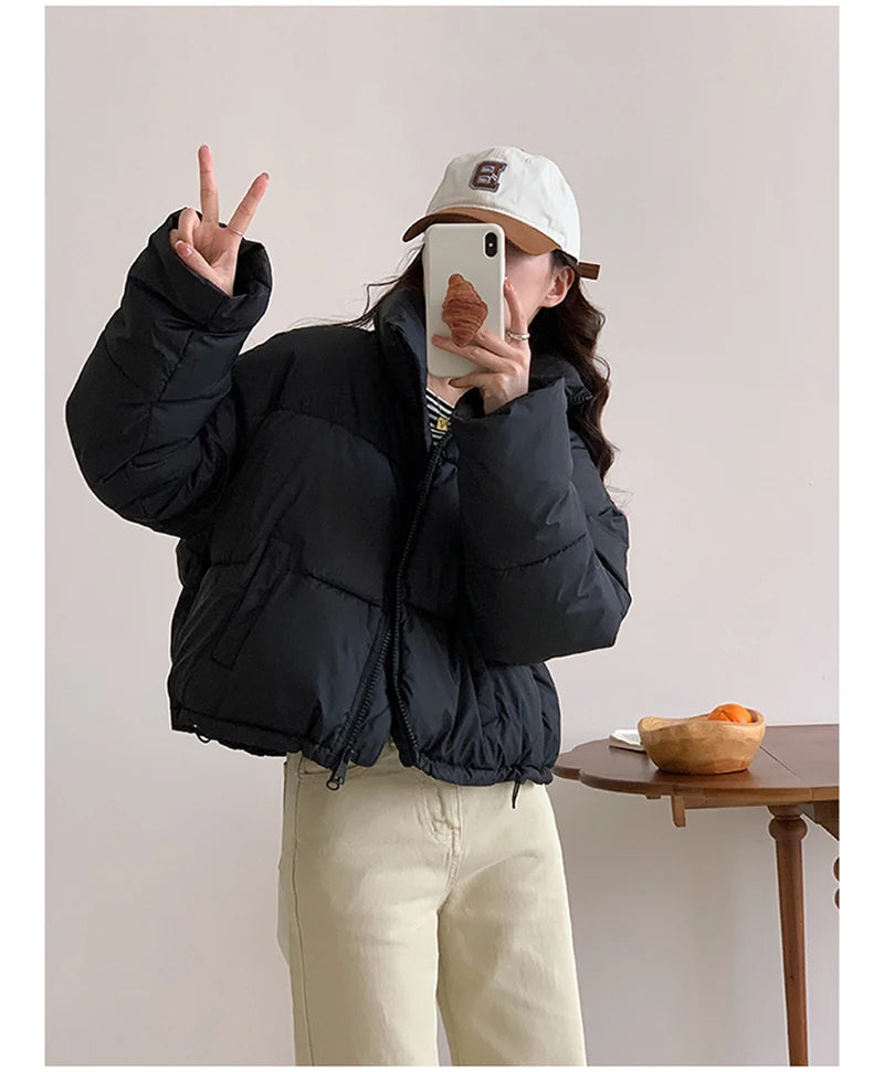 Korean Fashion Women Puffy Coats Simple Solid Loose Short Parkas Winter Thick