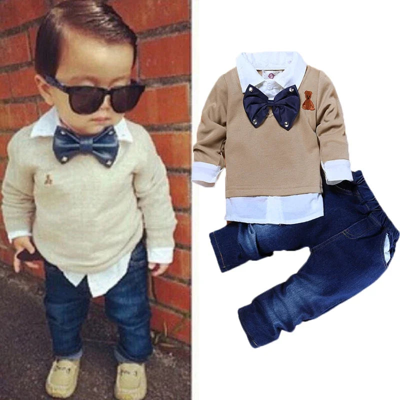 2025 Summer Boys Outfits Set 3Pcs Kids Random Cool Clothes Toddler T-Shirt + Jeans + Scarf Fashion Suits Children's Clothing Set