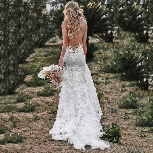White Bridesmaid Dresses: Wedding Dress V-Neck 3D Flowers Appliques Boho Backless