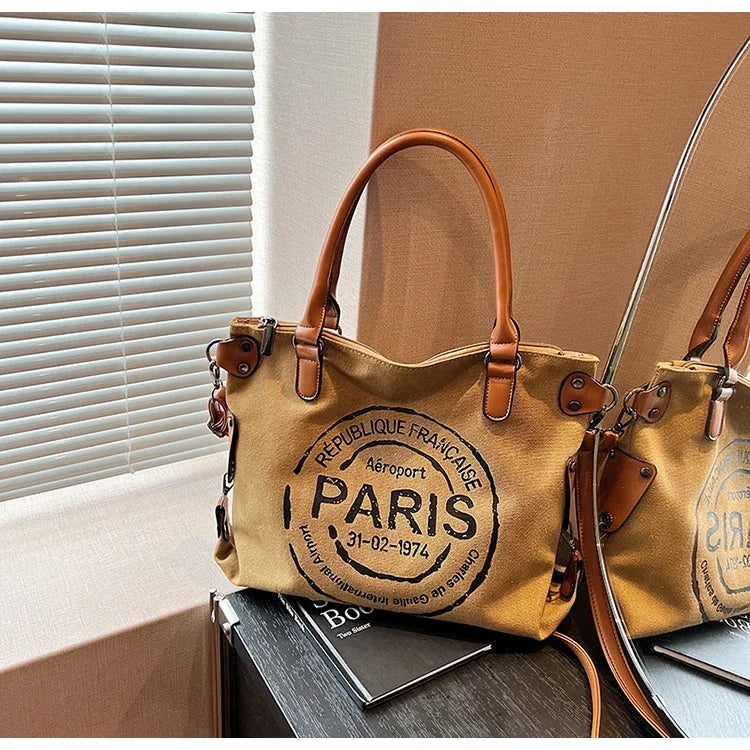 Large Retro Canvas Tote Bag Adjustable Shoulder Strap Vintage Paris Stamp Print