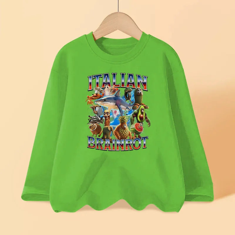 Italian Brainrot Long Sleeve T-shirt for Children Spring and Autumn Cotton Shirt for Boys Girls Cartoon Tops 3-14T