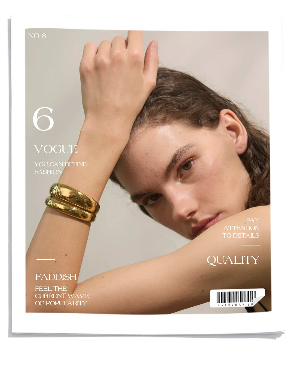 Yhpup 18K Golden PVD Plated Stainless Steel Double Layer Cuff Statement Bracelet Bangle Smooth Metal Texture Attractive Jewelry