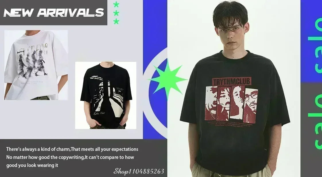 New High-quality American Street Smoking Cat Retro Trendy Personalized Printed T-shirt Men's Windshield Loose Short Sleeves