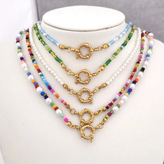 Imitation Pearl Necklace Women Choker Seed Beads Rainbow Stainless Steel