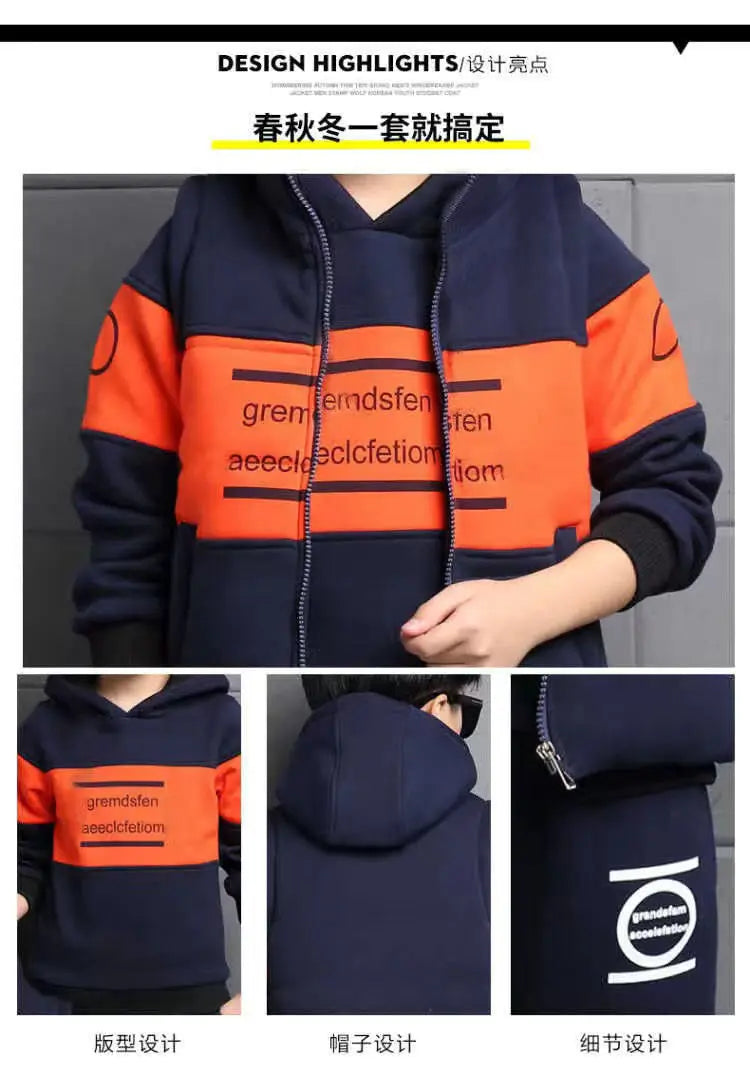 3pcs/set 2025 winter Boys tracksuit Autumn Teenager Clothes splicing velvet jacket + hooded + Pant Children 4 8 9 10 11 12 year