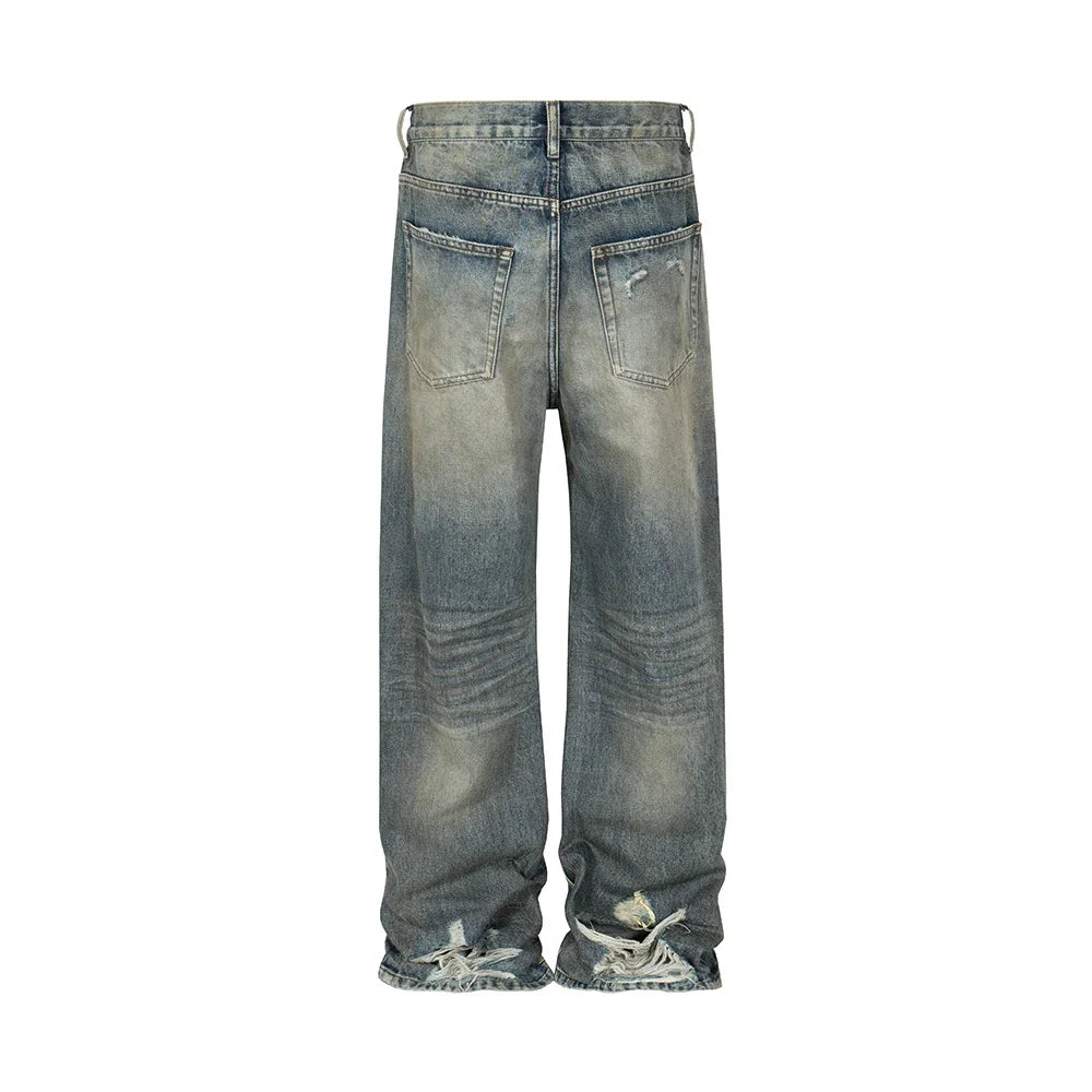 Harajuku Streetwear Washed Dirty Baggy Blue Jeans for Men and Women Straight