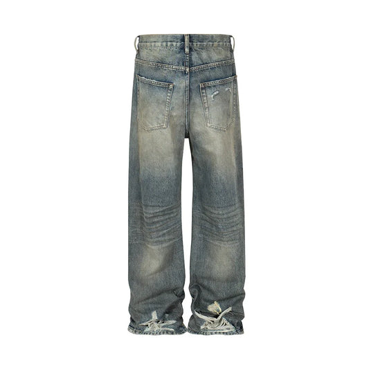 Harajuku Streetwear Washed Dirty Baggy Blue Jeans for Men and Women Straight