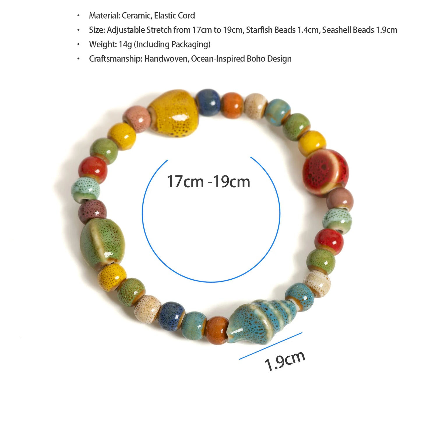 Handmade Colorful Starfish & Seashell Ceramic Beaded Bracelet Boho Beach Jewelry Elastic Wristband for Women & Teens S001186
